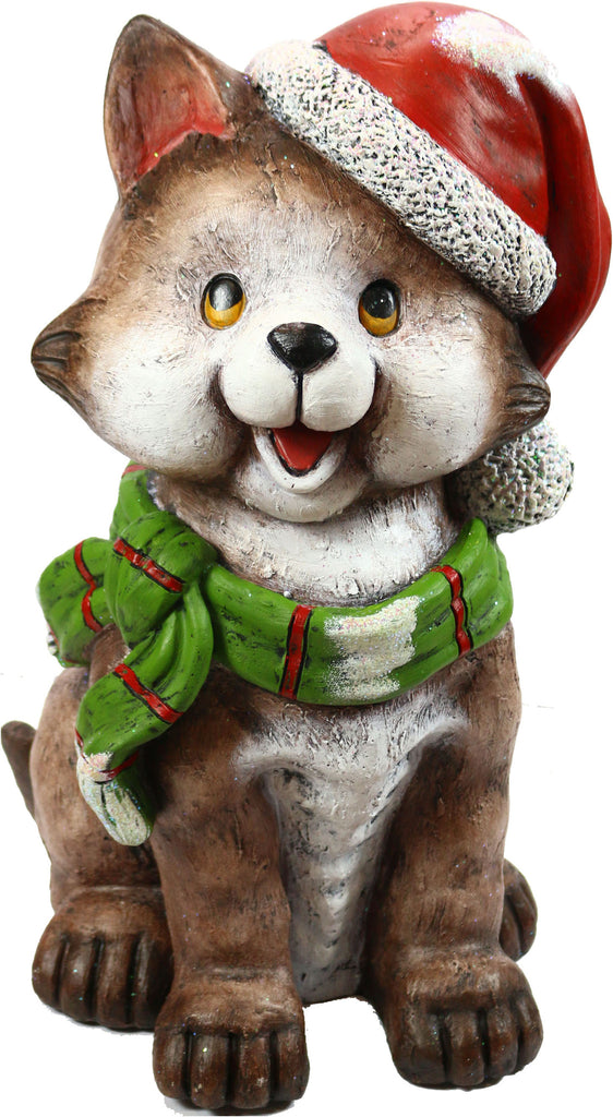 Alpine Corporation - Cat Statuary With Santa Hat & Green Scarf W/3 Led